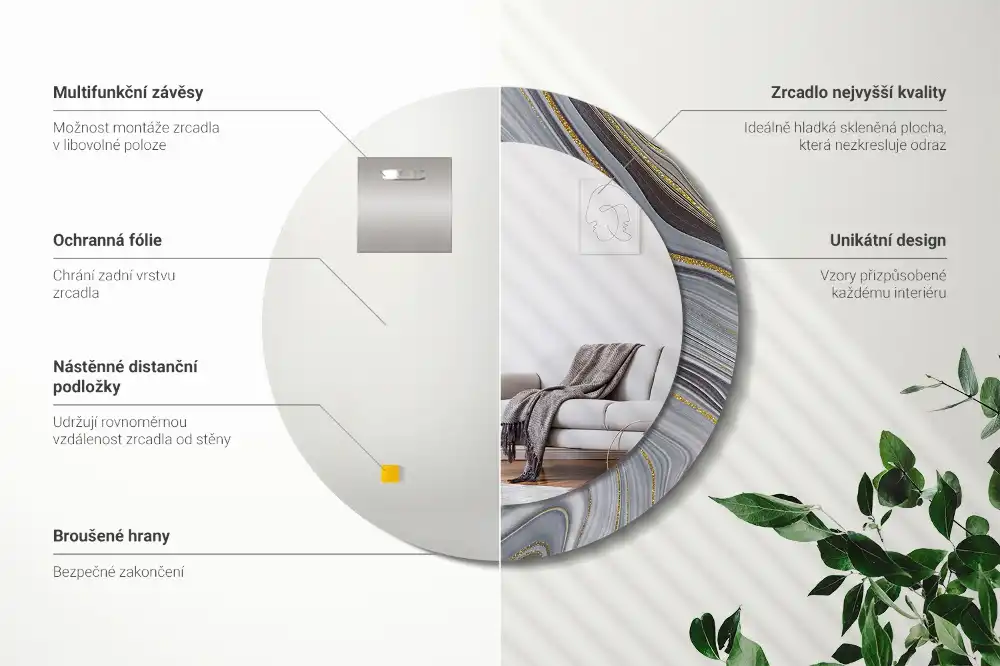 Okrúhle zrkadlo rám s potlačou Sivý mramor