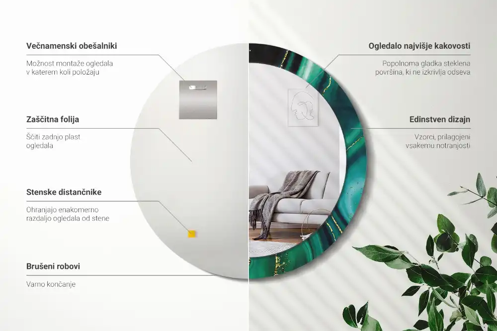 Okrúhle zrkadlo s potlačeným rámom Smaragdový mramor