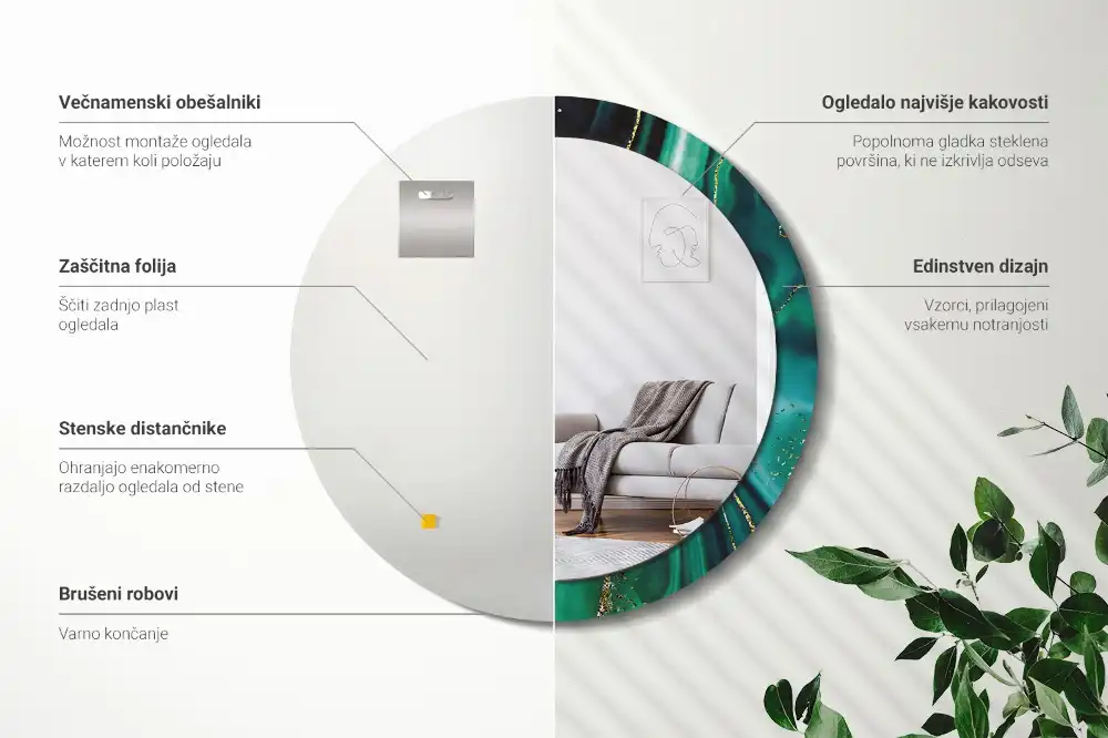 Okrúhle zrkadlo s potlačeným rámom Smaragdový mramor