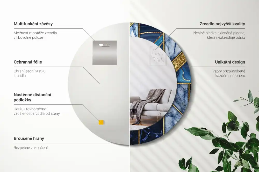 Okrúhle zrkadlo s potlačeným rámom Moderný mramor