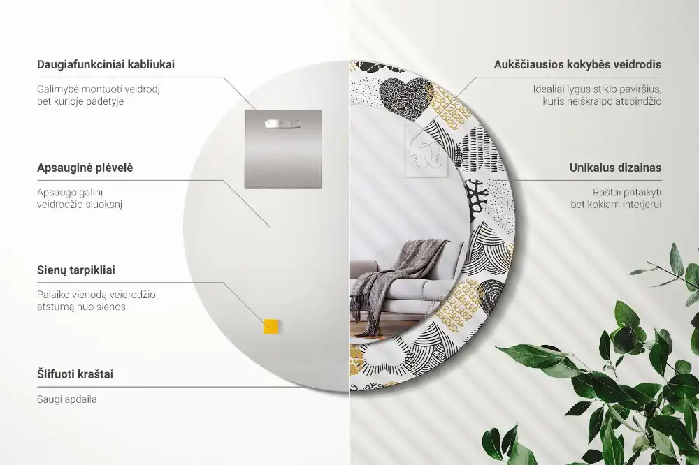 Okrúhle zrkadlo rám s potlačou Srdcový štýl čmáraníc