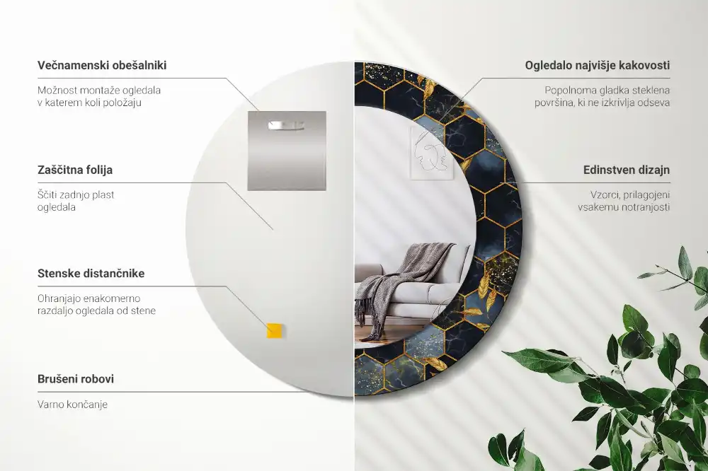 Okrúhle zrkadlo s potlačeným rámom Mramorový šesťuholník