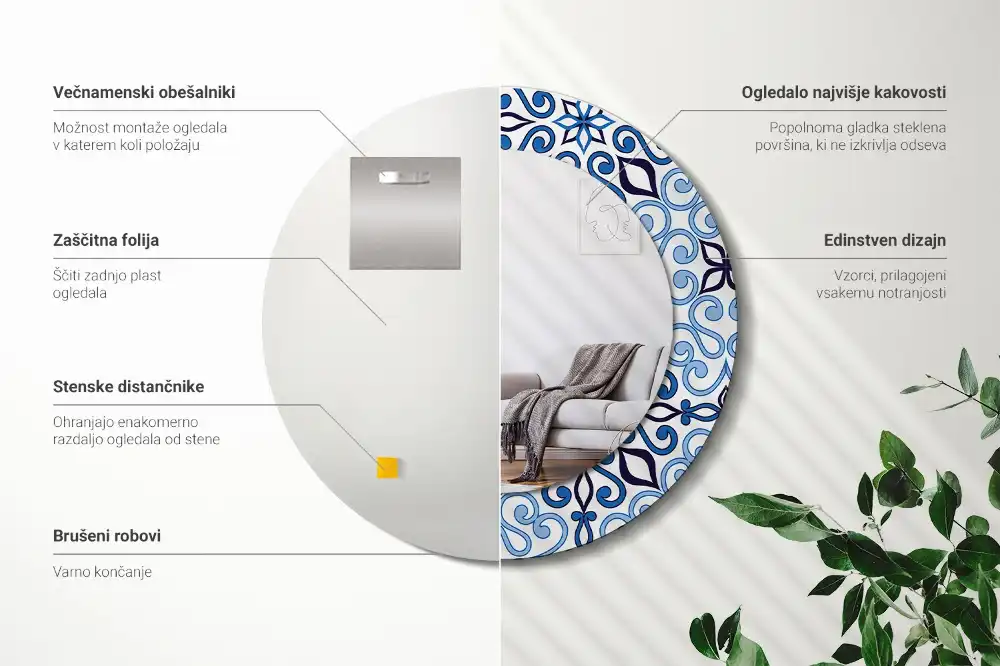 Okrúhle zrkadlo rám s potlačou Modrý arabský vzor