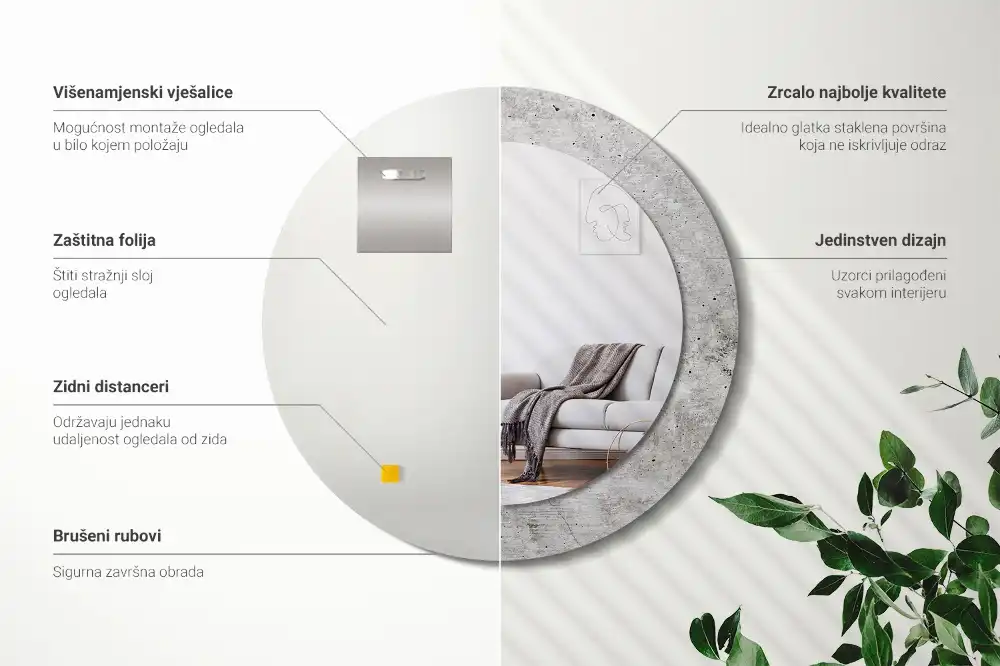 Okrúhle zrkadlo rám s potlačou Sivý betón