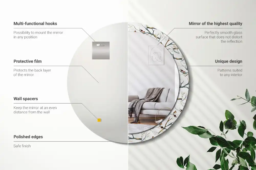 Okrúhle zrkadlo s potlačeným rámom Vrabce vtáky konáre