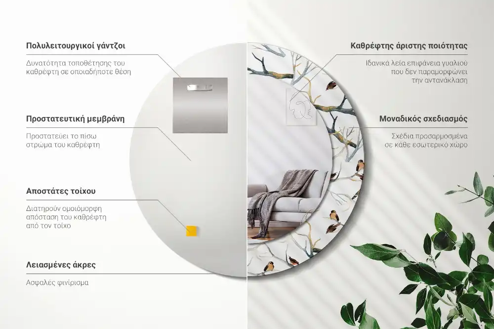 Okrúhle zrkadlo s potlačeným rámom Vrabce vtáky konáre