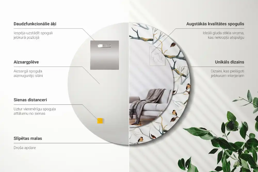 Okrúhle zrkadlo s potlačeným rámom Vrabce vtáky konáre