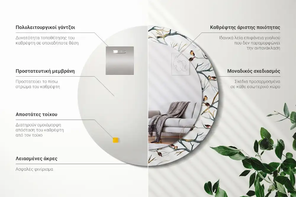 Okrúhle zrkadlo s potlačeným rámom Vrabce vtáky konáre