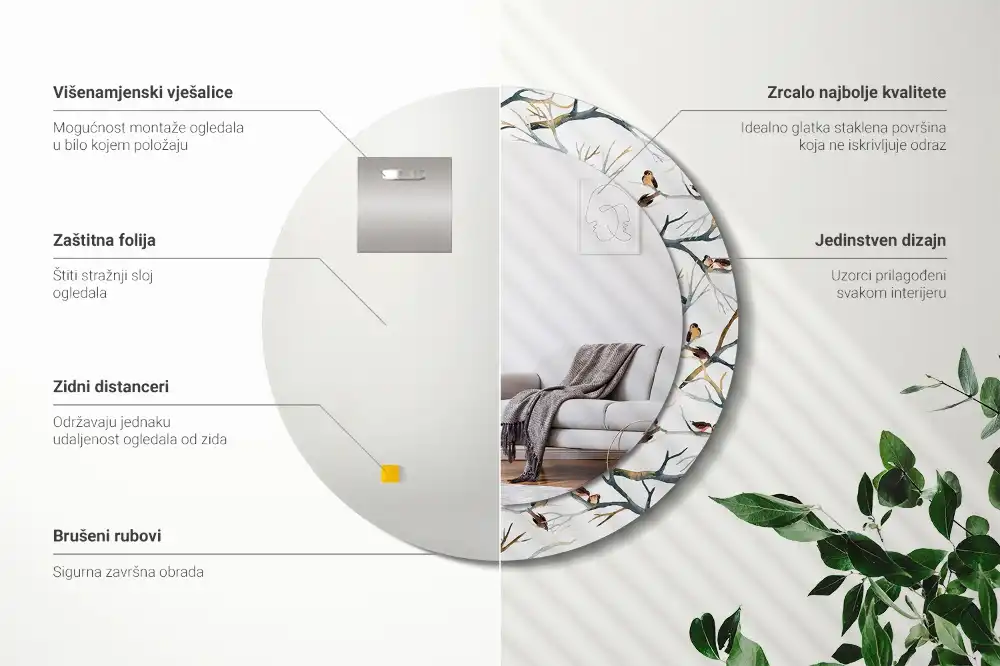 Okrúhle zrkadlo s potlačeným rámom Vrabce vtáky konáre