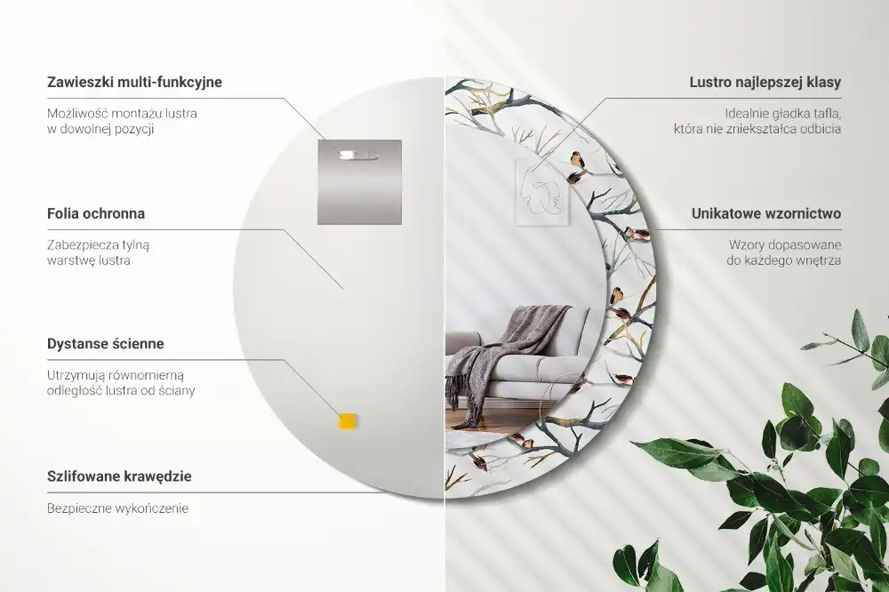 Okrúhle zrkadlo s potlačeným rámom Vrabce vtáky konáre