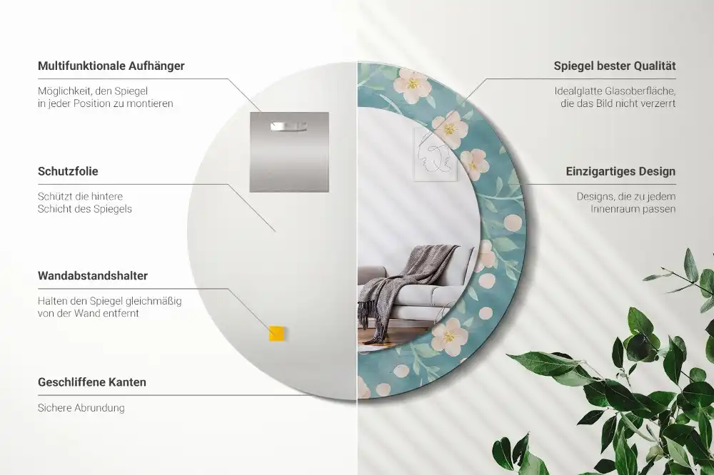 Okrúhle zrkadlo rám s potlačou Kvetinový vzor