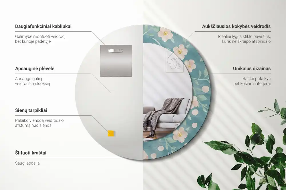 Okrúhle zrkadlo rám s potlačou Kvetinový vzor