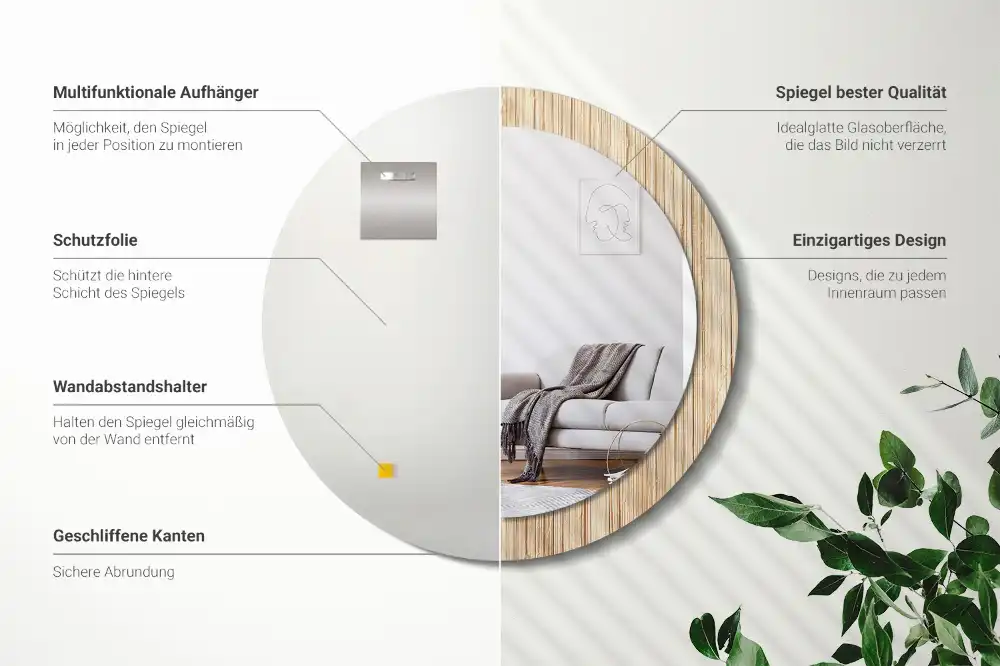 Okrúhle zrkadlo s potlačeným rámom Bambusová slama