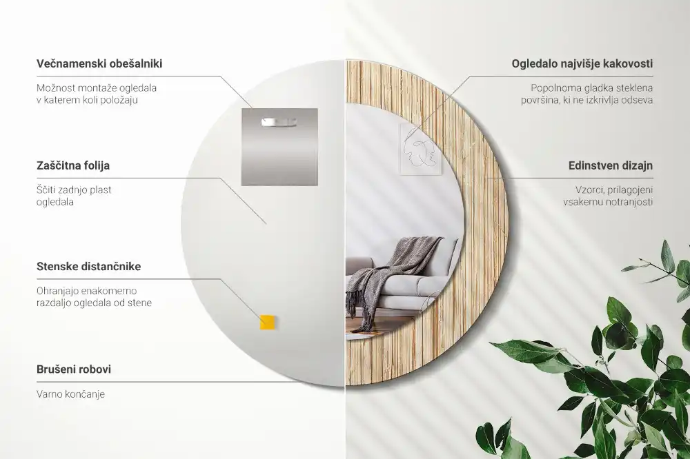 Okrúhle zrkadlo s potlačeným rámom Bambusová slama