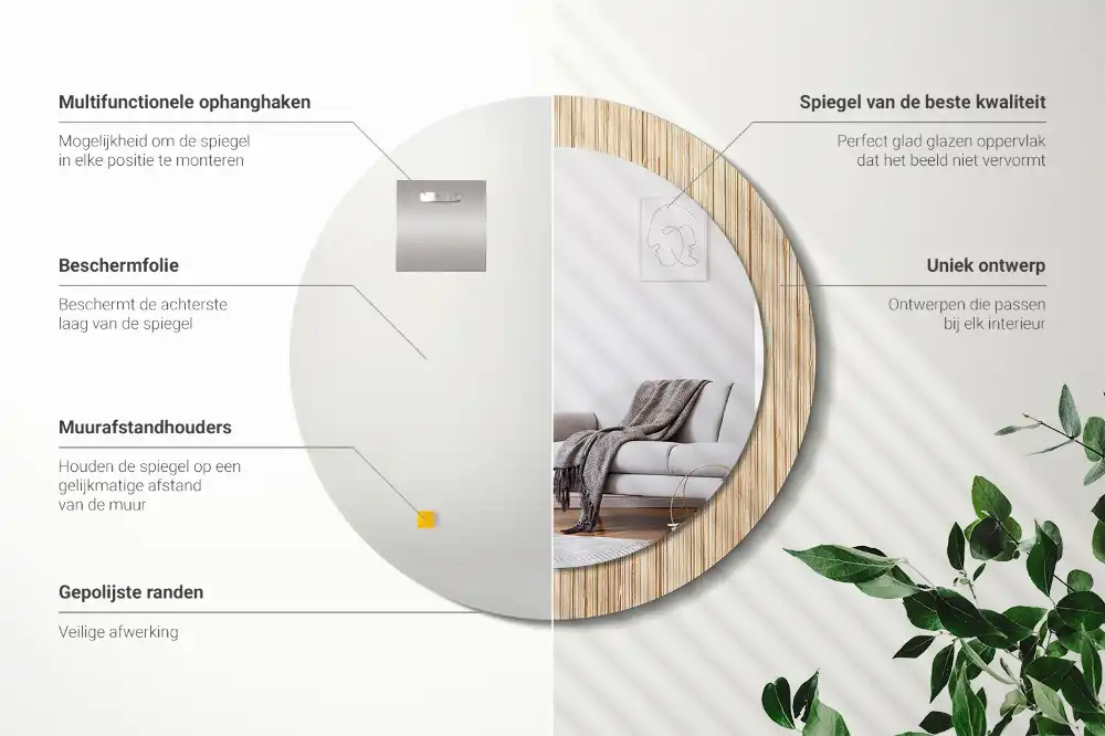 Okrúhle zrkadlo s potlačeným rámom Bambusová slama