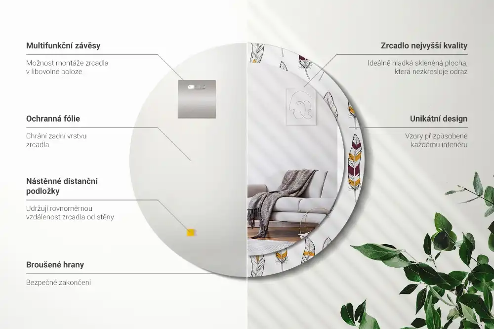 Okrúhle zrkadlo s potlačeným rámom Perie