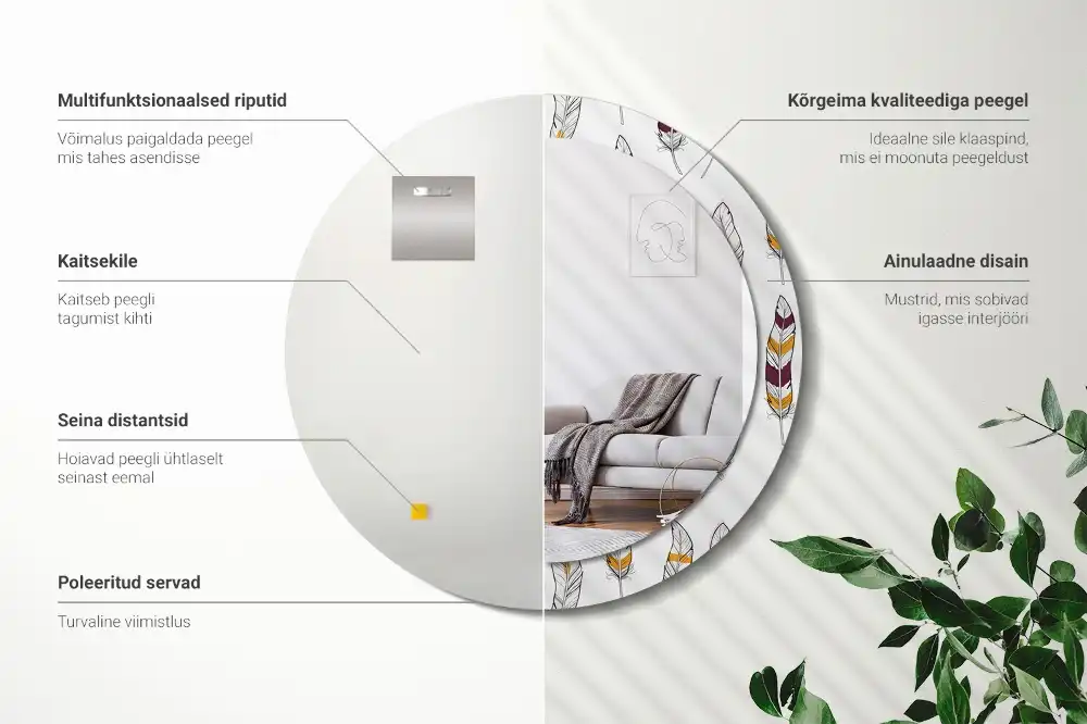 Okrúhle zrkadlo s potlačeným rámom Perie