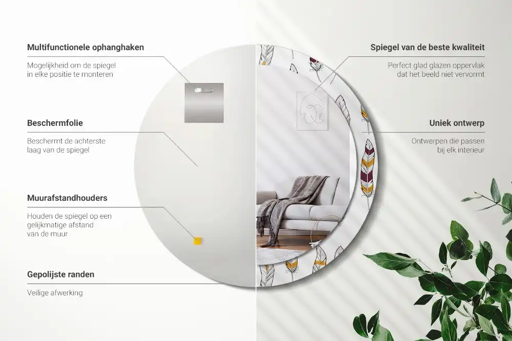 Okrúhle zrkadlo s potlačeným rámom Perie