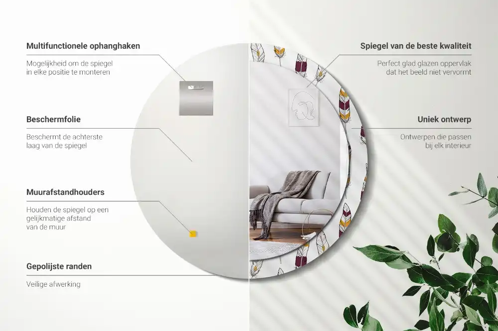 Okrúhle zrkadlo s potlačeným rámom Perie