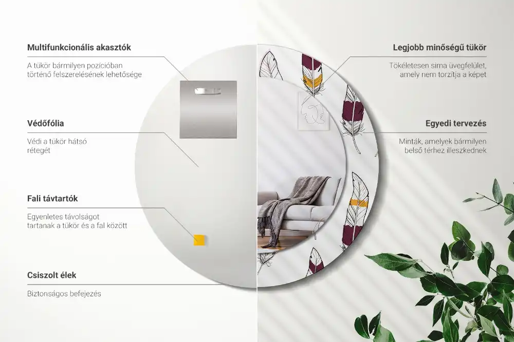 Okrúhle zrkadlo s potlačeným rámom Perie