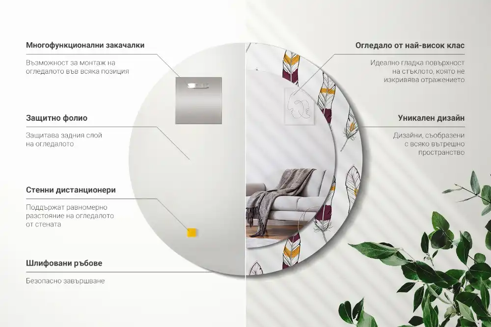 Okrúhle zrkadlo s potlačeným rámom Perie