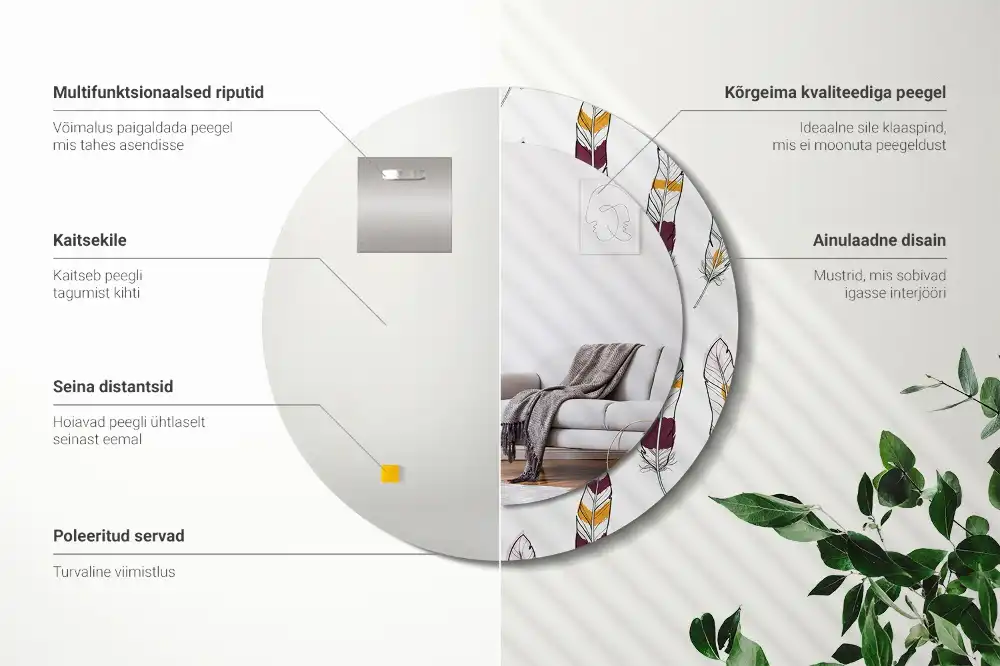 Okrúhle zrkadlo s potlačeným rámom Perie