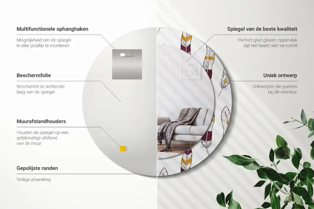 Okrúhle zrkadlo s potlačeným rámom Perie