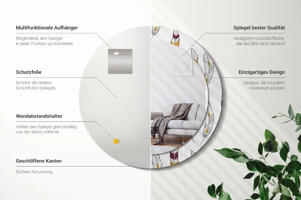 Okrúhle zrkadlo s potlačeným rámom Perie