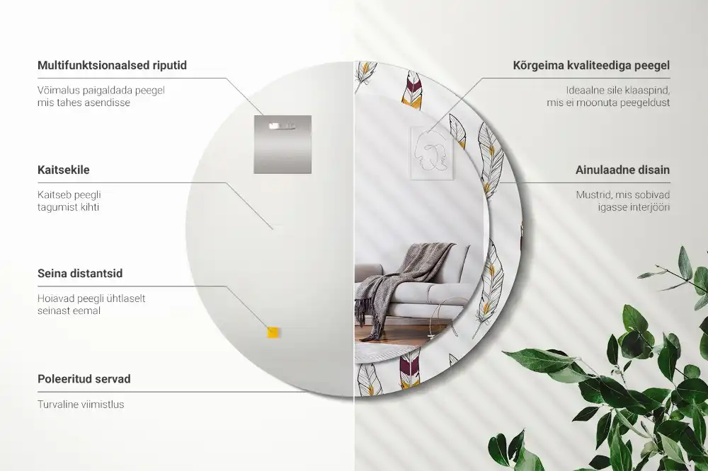 Okrúhle zrkadlo s potlačeným rámom Perie