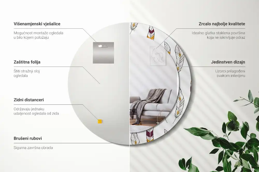 Okrúhle zrkadlo s potlačeným rámom Perie