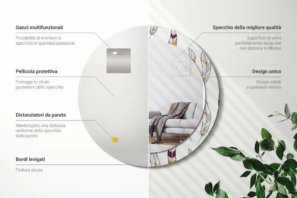 Okrúhle zrkadlo s potlačeným rámom Perie