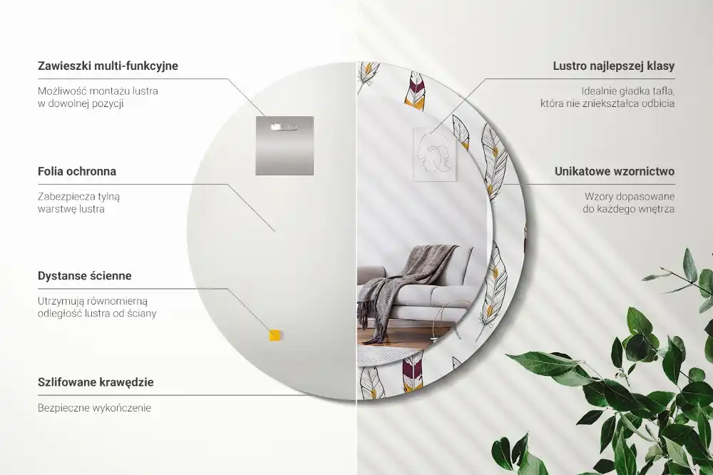 Okrúhle zrkadlo s potlačeným rámom Perie