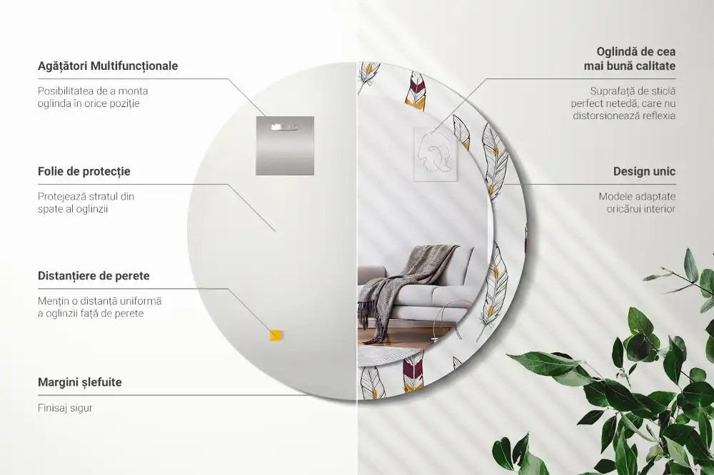 Okrúhle zrkadlo s potlačeným rámom Perie