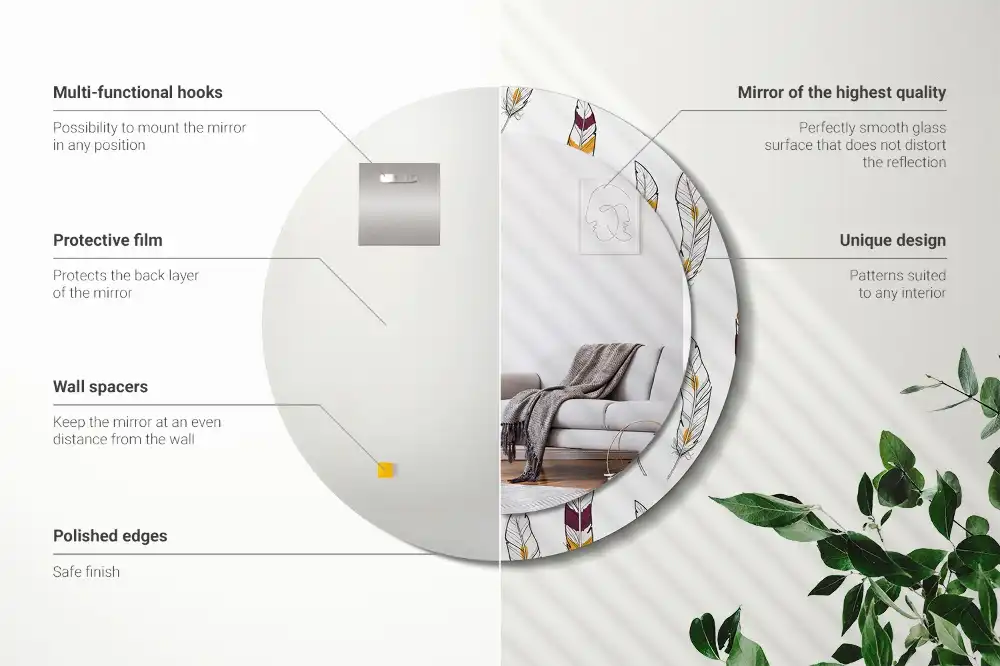 Okrúhle zrkadlo s potlačeným rámom Perie