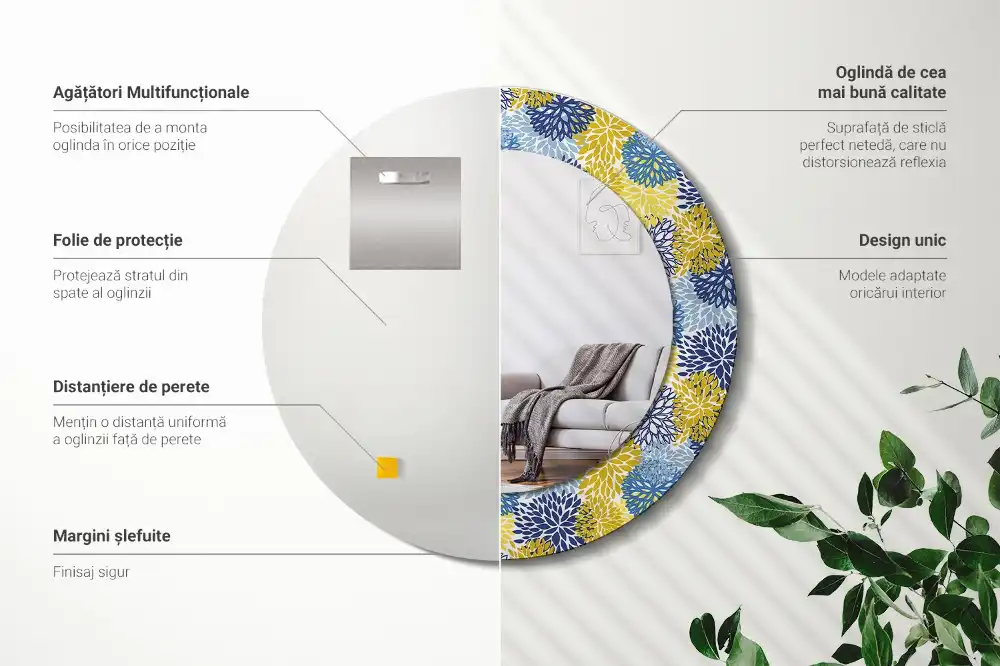 Okrúhle zrkadlo s potlačeným rámom Modré kvety