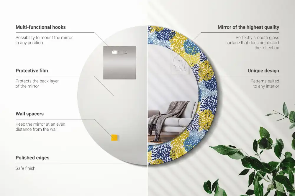 Okrúhle zrkadlo s potlačeným rámom Modré kvety