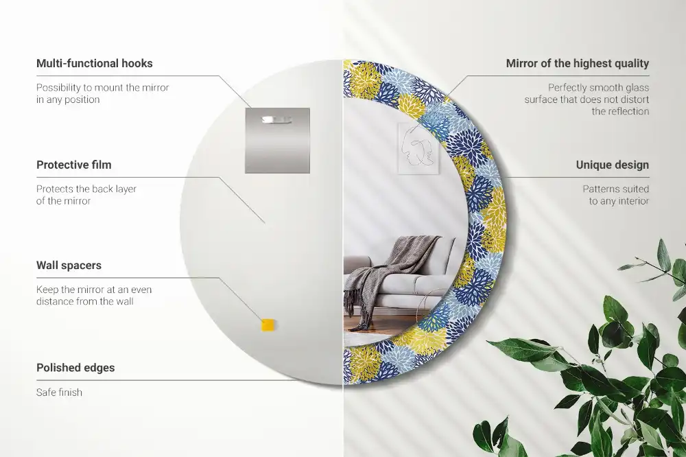 Okrúhle zrkadlo s potlačeným rámom Modré kvety