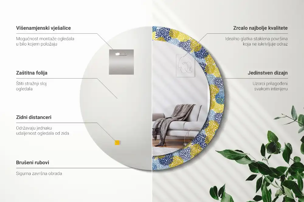 Okrúhle zrkadlo s potlačeným rámom Modré kvety