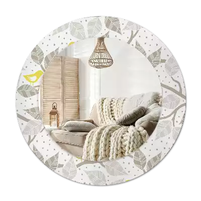 Okrúhle zrkadlo rám s potlačou Žlté vtáky na konároch