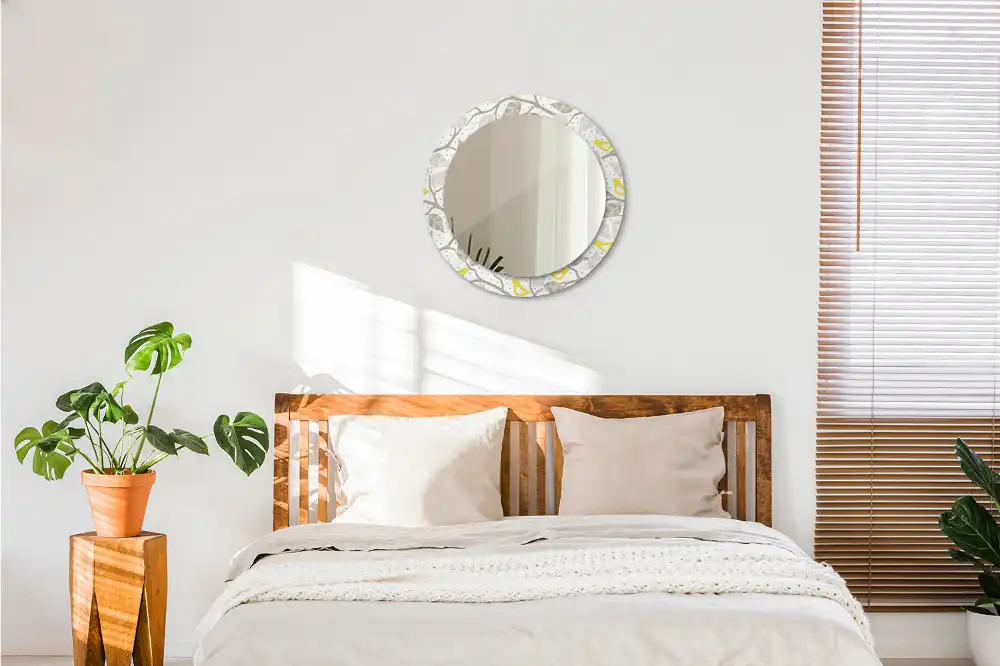 Okrúhle zrkadlo rám s potlačou Žlté vtáky na konároch