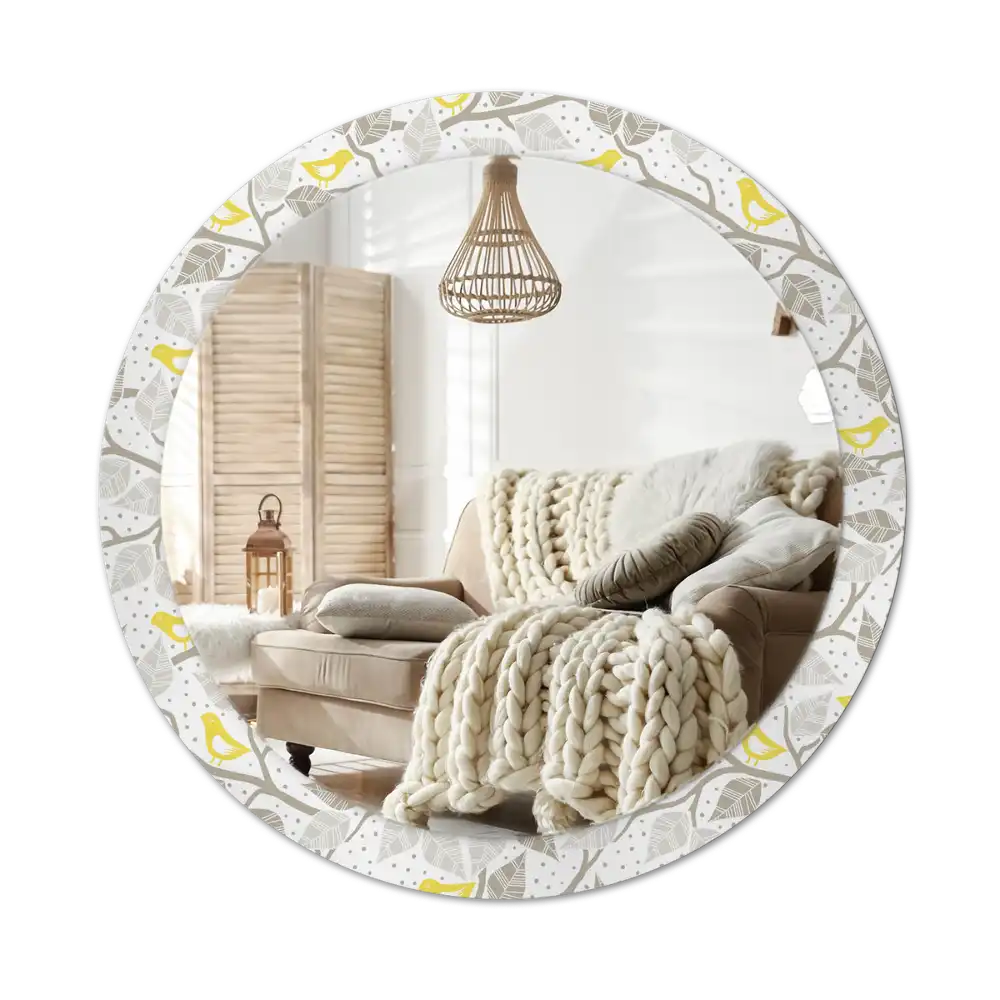 Okrúhle zrkadlo rám s potlačou Žlté vtáky na konároch