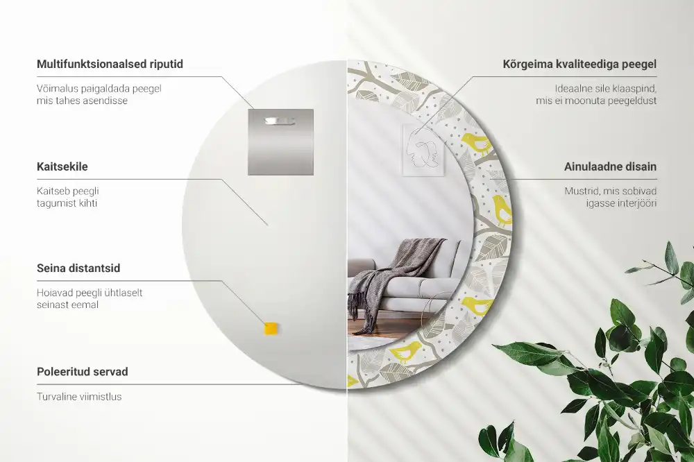 Okrúhle zrkadlo rám s potlačou Žlté vtáky na konároch