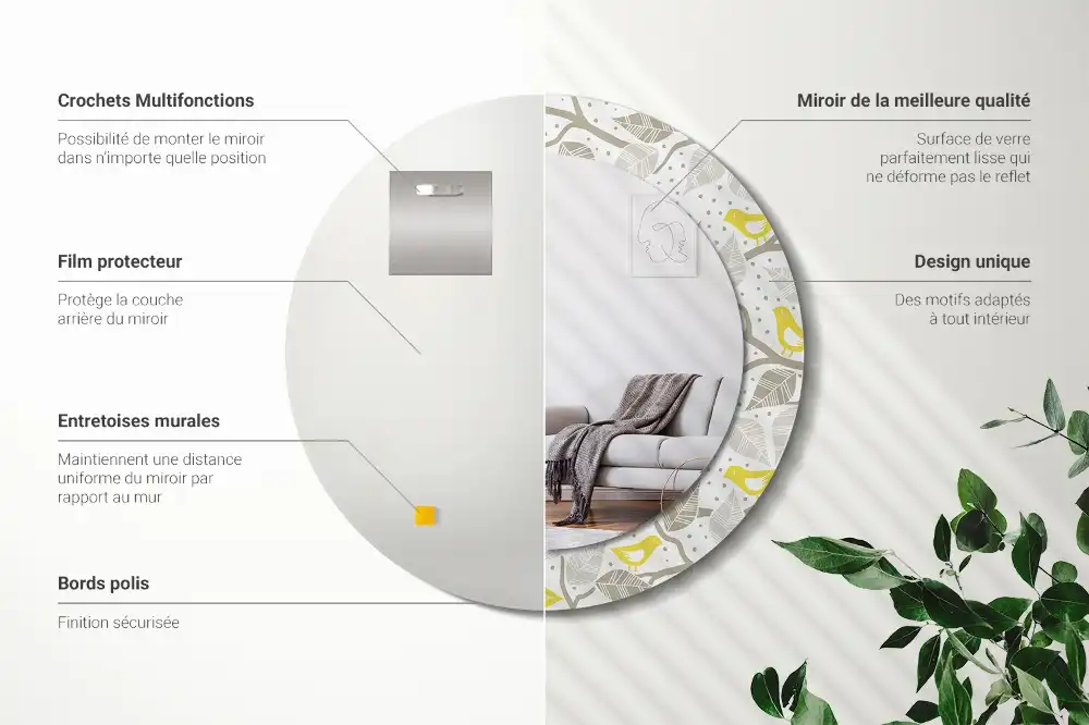 Okrúhle zrkadlo rám s potlačou Žlté vtáky na konároch