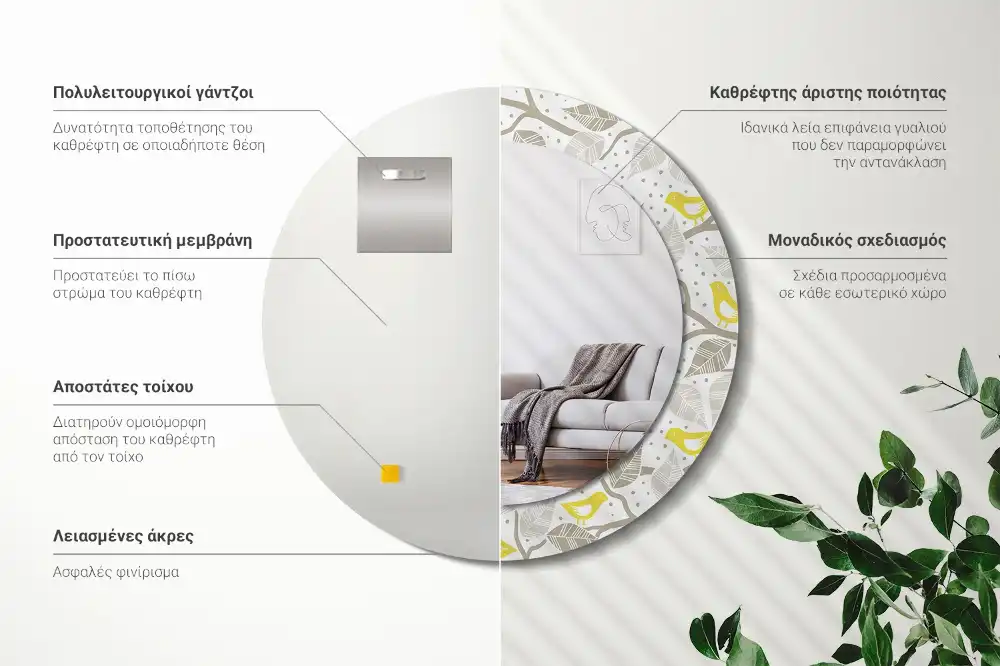 Okrúhle zrkadlo rám s potlačou Žlté vtáky na konároch