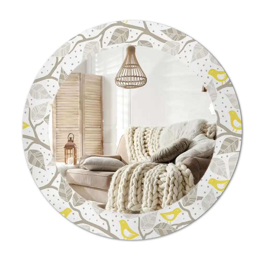 Okrúhle zrkadlo rám s potlačou Žlté vtáky na konároch