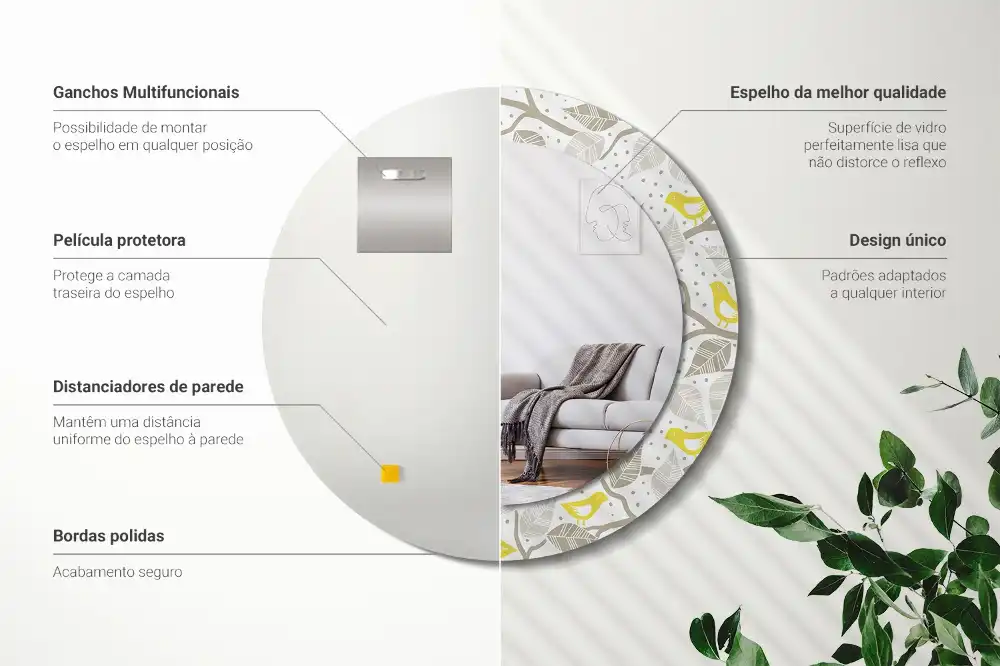 Okrúhle zrkadlo rám s potlačou Žlté vtáky na konároch