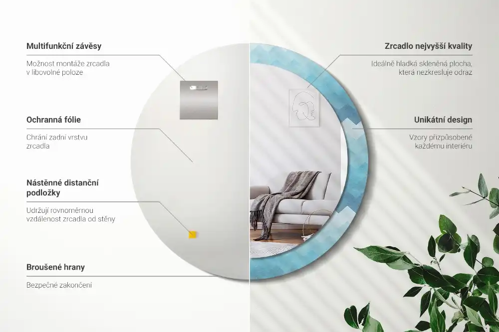 Okrúhle zrkadlo s potlačeným rámom Modrá šípka