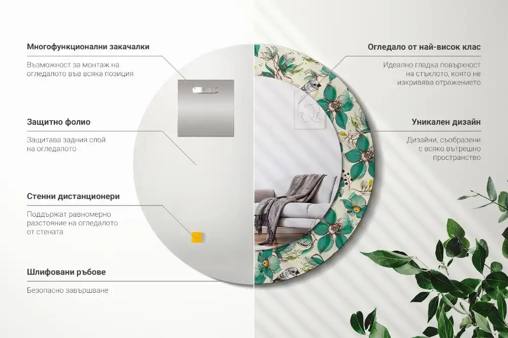 Okrúhle zrkadlo s potlačeným rámom Kvety a vtáky