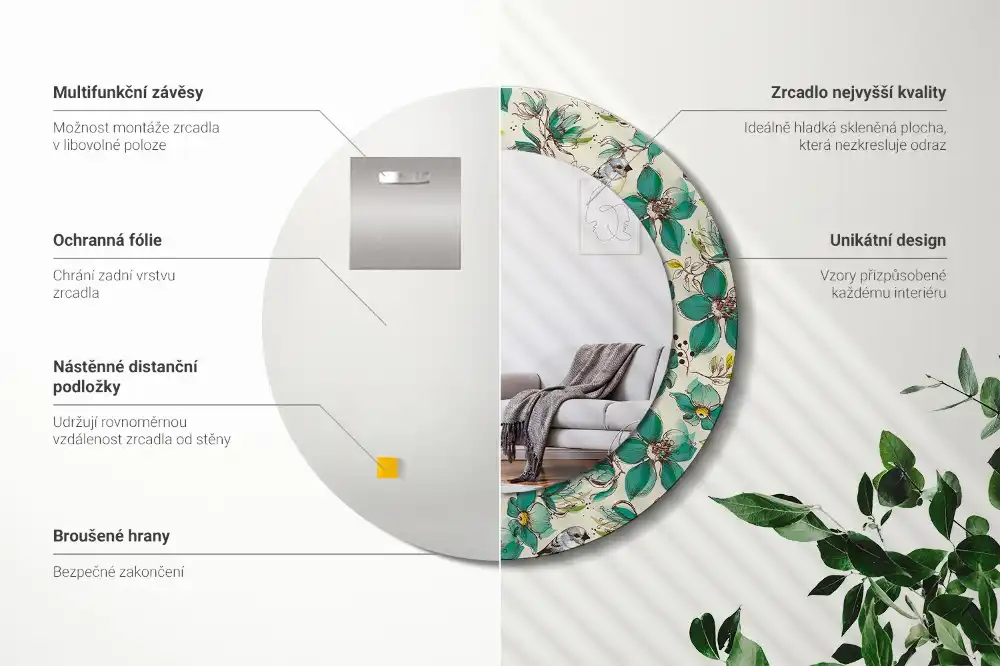 Okrúhle zrkadlo s potlačeným rámom Kvety a vtáky