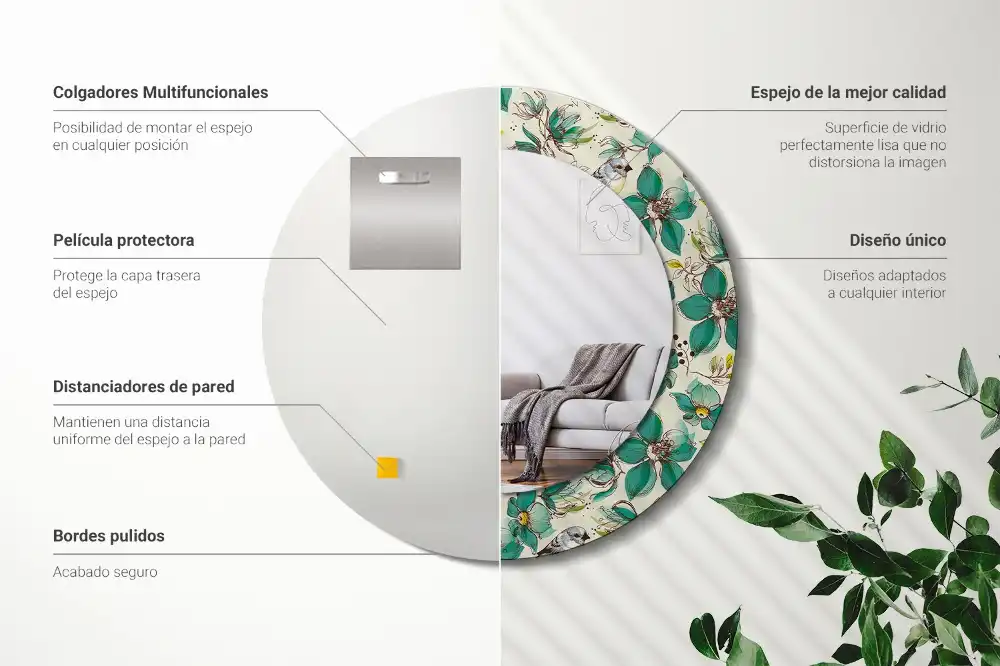 Okrúhle zrkadlo s potlačeným rámom Kvety a vtáky